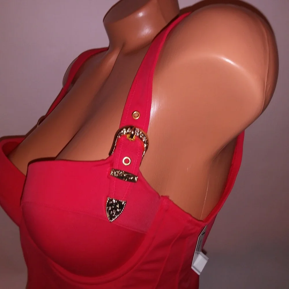 Victoria Secret PINK Swim Bikini XL Top & Bottom Red Solid Long Line Belted New
